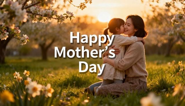 Sunlit mother and daughter embracing in blossom orchard at golden hour for mother's day