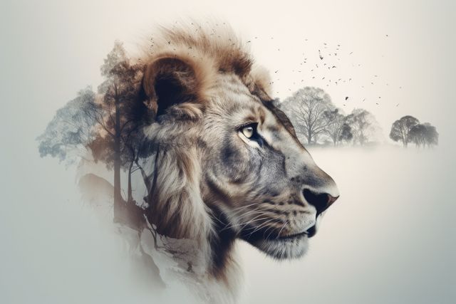 Double exposure with lion and trees, created using generative ai technology. Double exposure, animal, wildlife and nature concept digitally generated image.