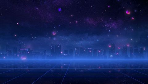Neon grid cityscape under cosmic sky with glowing planet orbs and futuristic reflections