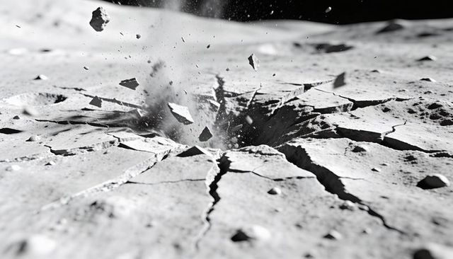 Lunar impact crater ejecting rocks and dust, radial fractures and dramatic debris plume