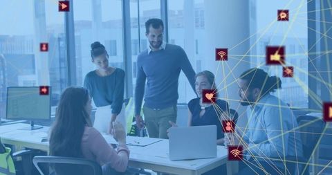 Collaborating on Digital Strategy in Modern Office with Network Connectivity Overlay