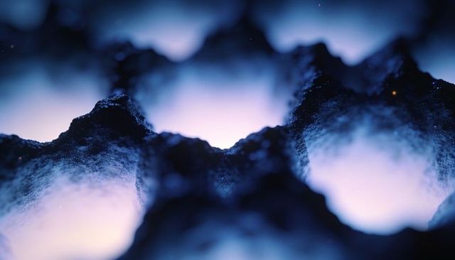 Glowing porous mineral ridge revealing luminous cavities in macro abstract with bokeh