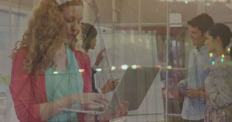 Diverse Team Collaborating with Data Technology Overlay