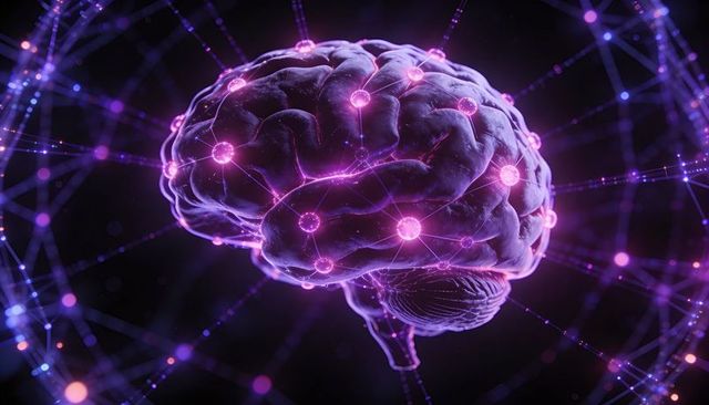 Holographic neural network brain with glowing purple nodes and synaptic filaments