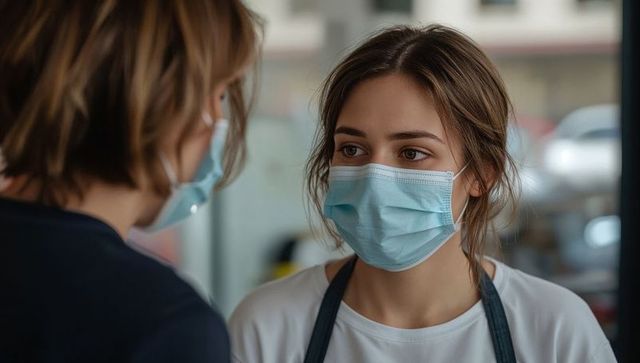 Barista wearing surgical mask speaking with customer at cafe window promoting safe service