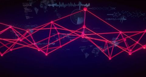 Forming neon magenta node mesh pulsing across dark digital network with HUD radar traces