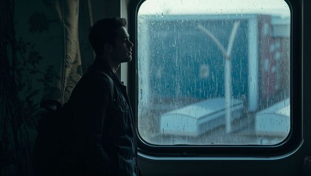 Lonely traveler gazing through rain-streaked train window, moody silhouette with backpack