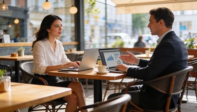 Business professionals discussing data and strategy over laptops in modern café