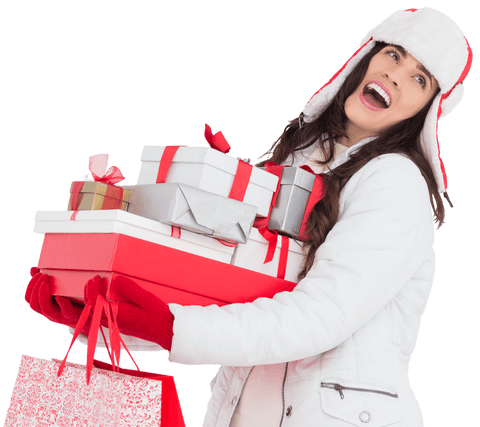 Transparent Joyful Woman Holding Gifts Wearing Winter Clothes