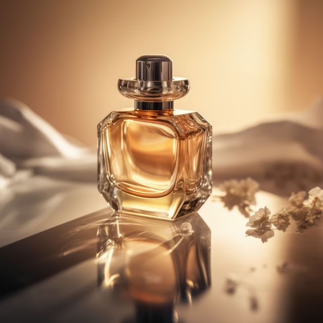 High-quality representation of a luxury glass perfume bottle on a reflective surface with soft floral accents and gentle lighting. Potential use in advertising for premium fragrance brands, beauty and skincare promotions, and high-end lifestyle magazines. Suitable for campaigns aiming to communicate sophistication and luxury.