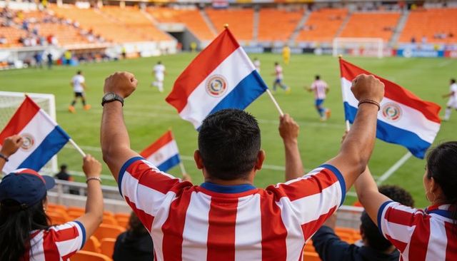 Cheering paraguayan fans waving flags in stadium stands during international soccer match