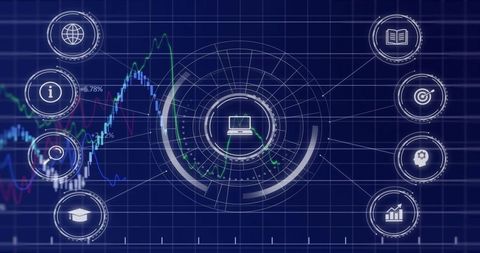 Futuristic data dashboard displaying central HUD, analytics graphs and interface icons