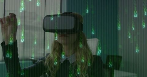 Innovative Woman Using VR in Futuristic Office Environment