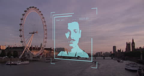 Futuristic Biometric Scan Over London Skyline at Dusk