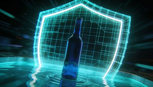 Standing blue glass bottle reflecting neon teal light with holographic cyber shield