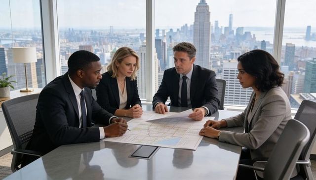 Executives reviewing strategic city map in high-rise conference room with skyline view