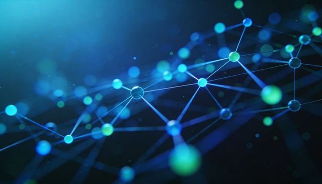Glowing Neural Network Mesh Connecting Nodes Across Futuristic Blue Digital Grid
