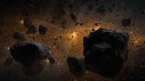 Cinematic Asteroid Field Flythrough Showing Orange Dust Cloud, Floating Boulders