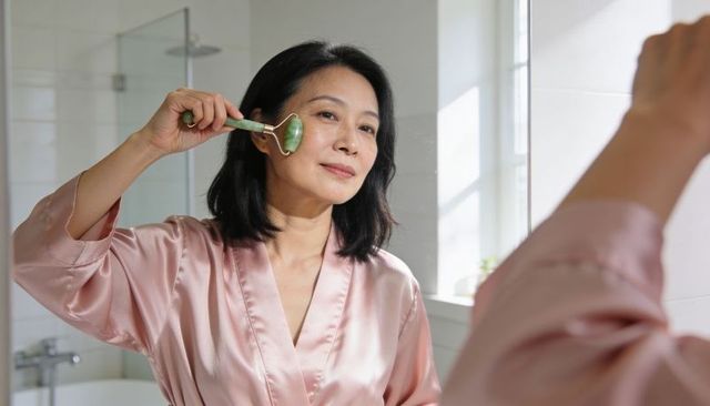 Middle-aged asian woman using jade roller at bathroom vanity wearing pink satin robe glow