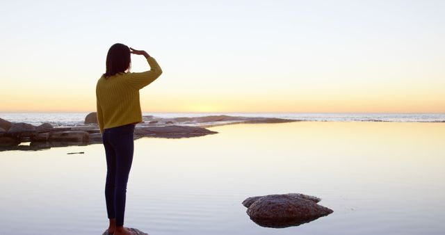 Woman Watching Sunset Over Calm Ocean from Rocky Shore - Download Free Stock Images Pikwizard.com