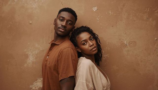 Warm-toned couple leaning back-to-back against textured plaster wall, intimate portrait