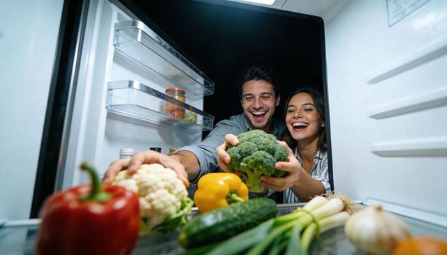 Young couple reaching into refrigerator grabbing fresh broccoli and bell pepper smiling
