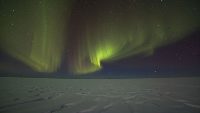 Emerald aurora borealis dancing over frozen arctic plain under starry sky and snow