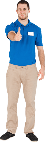 Transparent young salesman giving thumbs up in casual polo