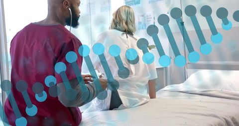 Doctor examining senior patient with digital dna overlay