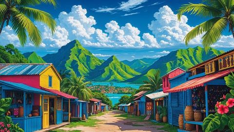 Vibrant tropical haiti market pathway surrounded by lush mountains
