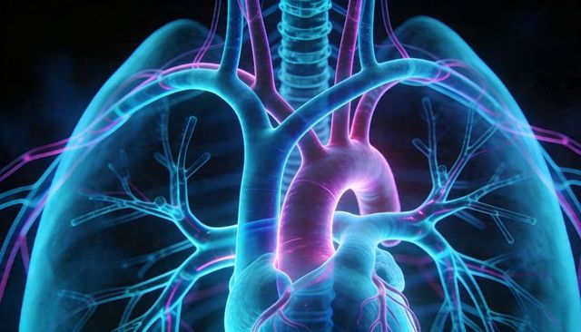 Glowing 3D thoracic anatomy featuring heart, ascending aorta, lungs and branching bronchi
