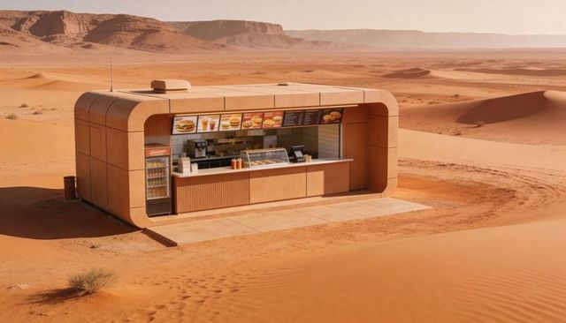 Modern desert fast-food kiosk on concrete slab amid dunes — solitary remote service hub