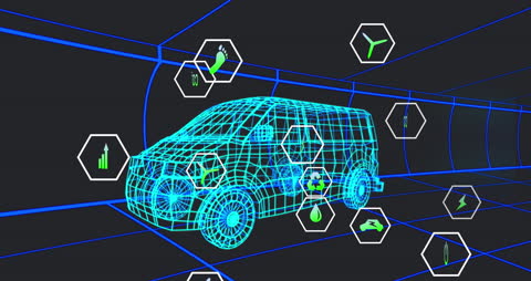 Futuristic 3D Van Model with Digital Energy Icons in Tunnel