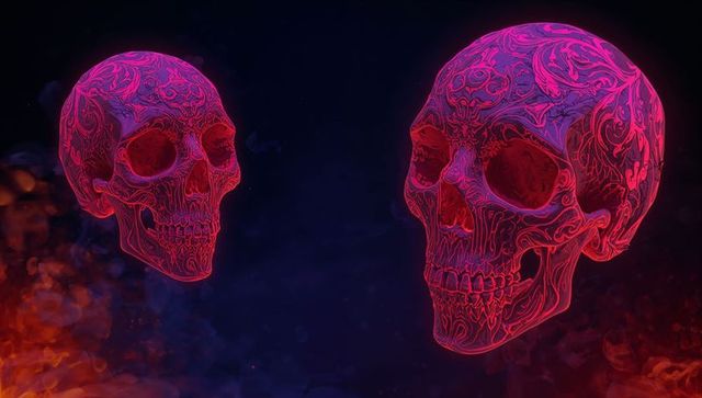 Neon floral skulls floating in digital art void