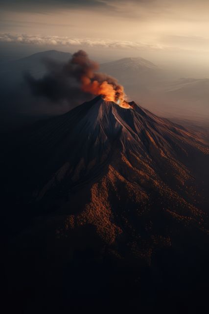 Aerial shot capturing an active volcano spewing lava and ash against a stunning sunset backdrop. Ideal for nature documentaries, educational materials on geology, disaster preparedness content, and environmental awareness campaigns.