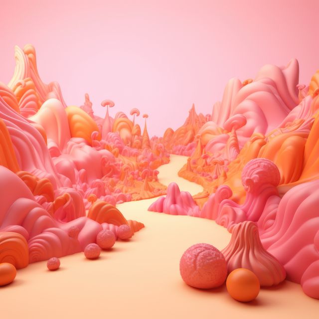 General view of colourful candyland in pastel colours, created using generative ai technology. Candyland, fairytale, colours and background concept digitally generated image.