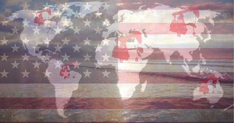Pump Jacks on World Map and USA Flag Symbolizing Oil Business