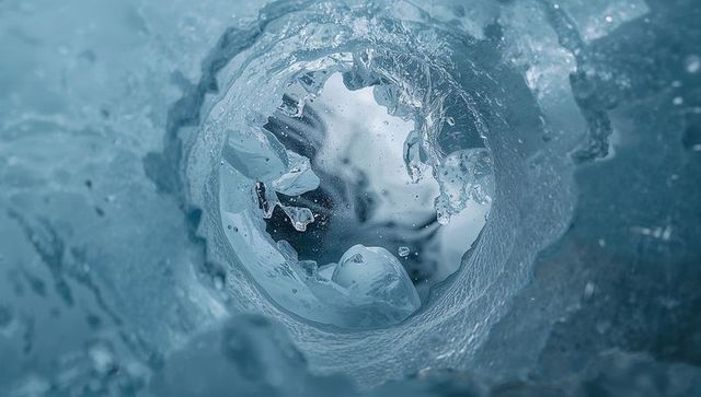 Peering through circular glacial ice tunnel revealing distant snowy landscape