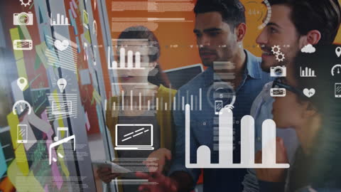 Diverse Team Analyzing Financial Data with Graphic Overlays