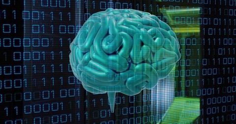 Floating Teal 3D Brain Hovering Over Binary Data Stream Representing AI Neural Network