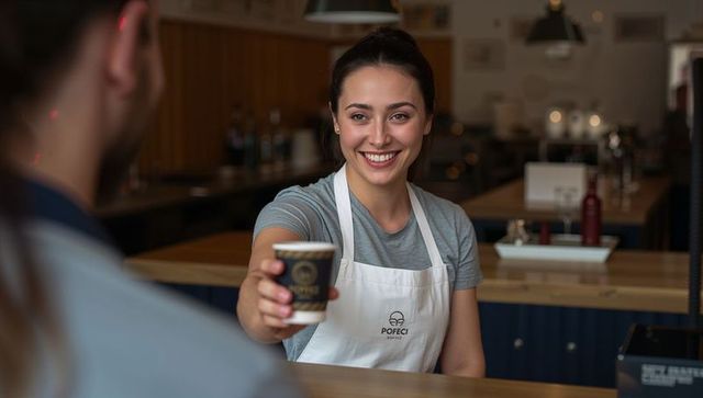 Smiling female barista handing branded takeaway coffee cup over counter in cozy modern cafe