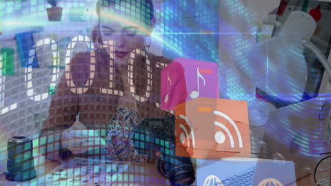 Businesswoman Analyzing Digital Media and Technology Concepts