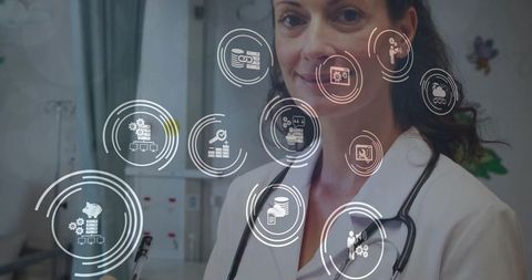 Female doctor using holographic medical interface in pediatric clinic