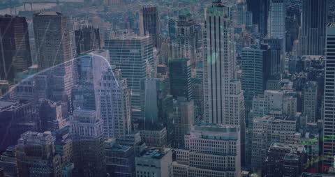 City Skyline with Overlay of Financial Graphs and Data