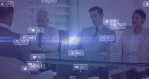 Executive panel discussing strategy in modern boardroom with social media overlays