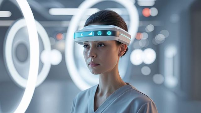 Woman Wearing Futuristic LED Headset in High-Tech Lab