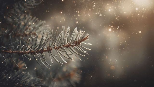 Frosted fir twig stretching across winter forest with golden bokeh and floating particles