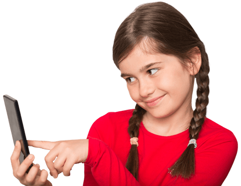 Cheerful Girl with Pigtails Pointing at Smartphone Against Transparent Background
