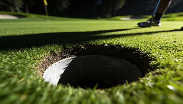 Close-up golf cup rim on putting green with turf edge and golfer holding putter near flagstick
