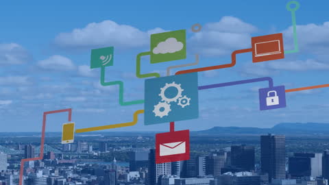 Digital Media Icons Interface over Cityscape